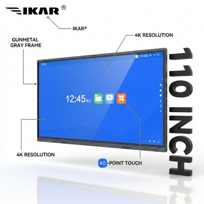 110 นิ้ว 4K UHD Interactive Whiteboard: บอร์ดสมาร์ท 40 จุดอินฟราเรด มัลติทัช พร้อมการป้องกันแสงสีน้ําเงิน กระจกหมักและกระบอกปืน กรอบโลหะสีเทาสําหรับห้องประชุมการศึกษาและบริษัท